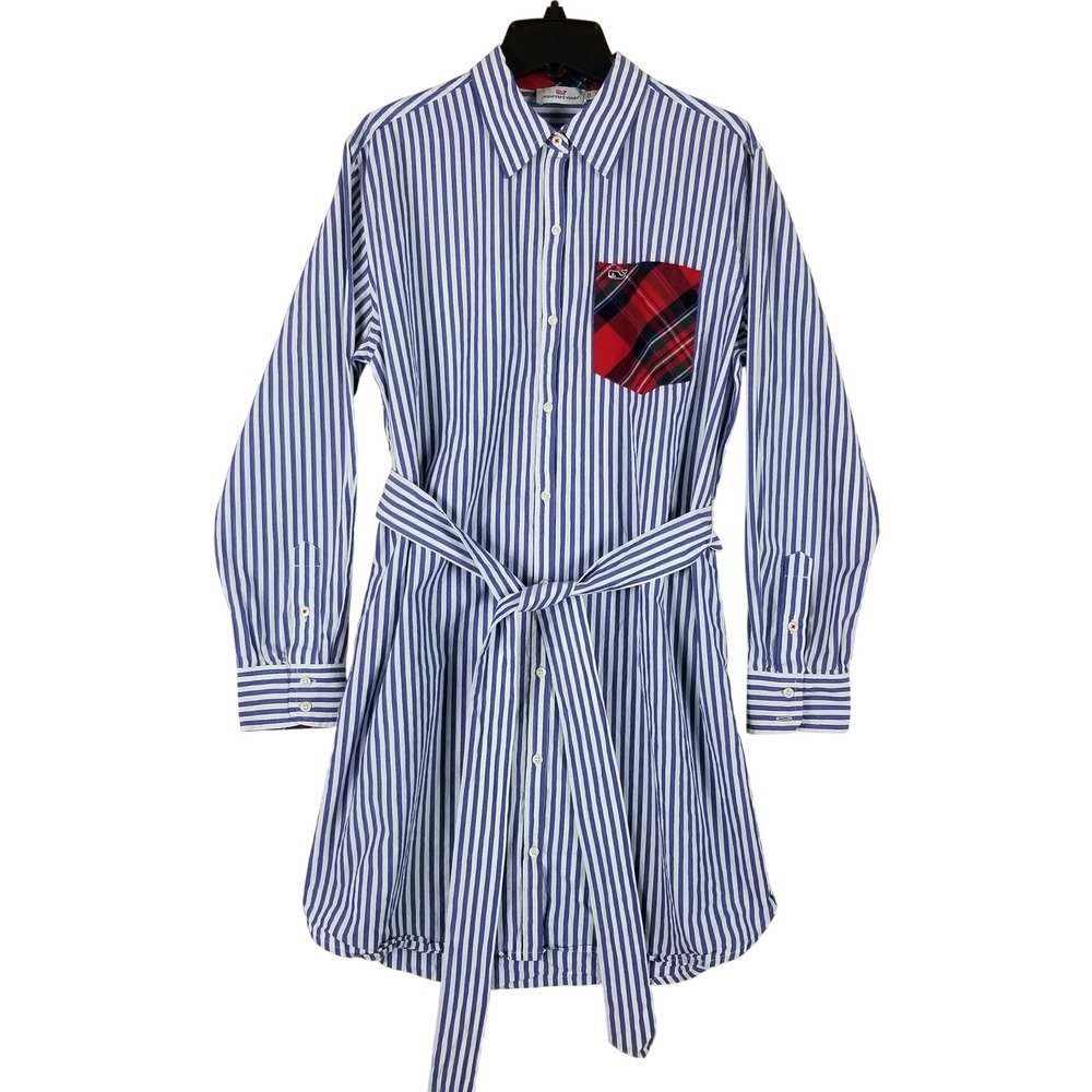 Vineyard Vines Shirt Dress Womens XS Blue White Striped Plaid Pocket Waist Tie